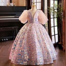 Flower 2024 New Girl Wedding Princess Pink Pink Long Ball Princess Girls Party Communion Dress Kids Birthday Birthing Birthday Gown Custom Birthday S