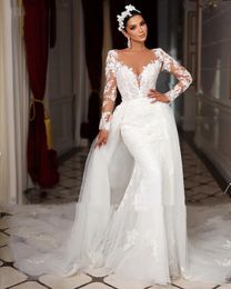 Romantic Long Sleeves Mermaid Wedding Dresses With Detachable Train Lace Appliques Sheer Scoop Neck Ivory Sexy Gorgeous Bridal Gowns Covered Buttons Back 0517
