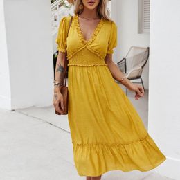 Casual Dresses Long Sleeve For Women Mini V-neck Dress Short-sleeved Colour High-waist Solid Fashionable Ladies