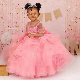 Light Pink Flower Girl Dresses Sheer Neck Short Sleeves Lace Tiered Tulle Ball Gowns Flowergirl Dress Princess Queen Little Kids Birthday Party Dress Gowns NF032