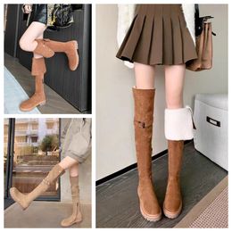 Fashion winter boots womens Knee boots Tall Boot Black khaki Leather Over-knee Boot Party Flat Boots Snow booties Dark brown Lamb Thick heeled
