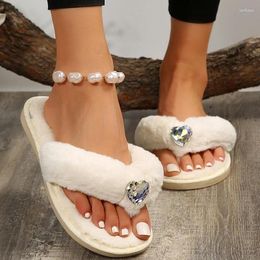 Slippers 083 Autism Winter Heart Rhinestone Flat Heels Fluffy Woman Warm Plush Clip Toe Slides