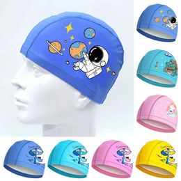 Swimming Caps Long Hair Protect Cartoon Printed Free size Swimming Caps Kids Swimming Cap Pool Bathing Hats Elastic Pu Turban YQ240119