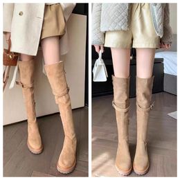 Fashion winter boots womens Knee boots Tall Boot Black khaki Leather Over-knee Boot Party length boot Flat Boots Snow booties Dark brown Lambhair