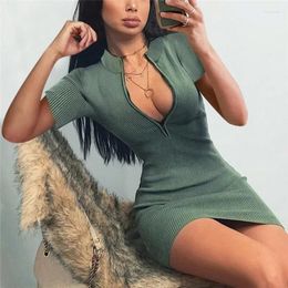 Casual Dresses Woman Summer Sexy Zipper Bodycon Turtleneck Stretch Slim Green Dress Fashion Soft Ribbed Knitted Mini High Street