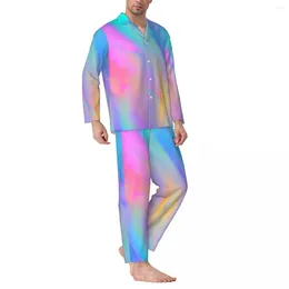 Men's Sleepwear Colorful Rainbow Pajama Sets Multicolor Flow Trendy Male Long Sleeves Loose Sleep 2 Piece Nightwear Large Size 2XL