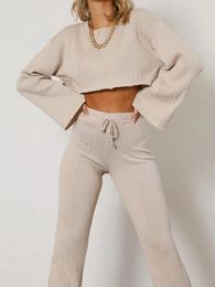 Women's Pants Women Autumn 2 Piece Sets Knitted Long Sleeve Jacket Solid Colour Crop Top Striped Fashion High Waist Pant Suit Womens 2024