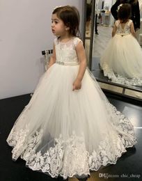 Sheer Neck Lace Flower Girl Dresses Pearls Crystals Little Girl Wedding Dresses Vintage Pageant Dresses Gowns9476184