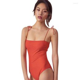 Women's Swimwear Women Swimsuit Bikini Feminine Slim Sling Strap Bow One-Piece Halter Gathered High Waist Backless Beach