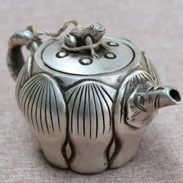 Bottles Old China White Brass Carving Lotus Frog Wine Pot Teapot Statue