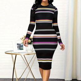 Casual Dresses Women Spring Dress Contrast Colour Striped Round Neck Long Sleeve Slim Fit Elastic Sheath Knitted Mid-calf Length Commute