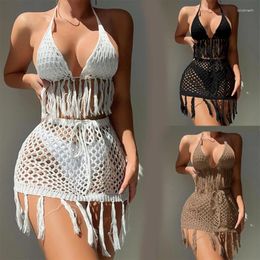 Women's Swimwear Women Crochet Swimsuit Cover Up Bikinis Set Two Pieces Summer Hollow Out Tassels Lace Halter Crop Tank Top And Mini Skirt