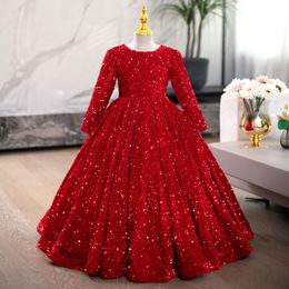 Long Sleeves Sequined Flower Girl Wed Bling Princess Party Ball Gown For Formal Wedding Pageant Dresses Toddler First Holy Communion Dress 403