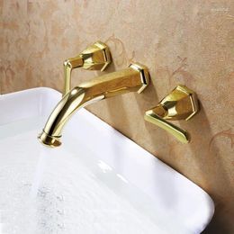 Bathroom Sink Faucets Wholesale And Retail GOLD Style Golden Brass Wall Mounted Basin Faucet Double Handle Mixer Tap & Cold Water