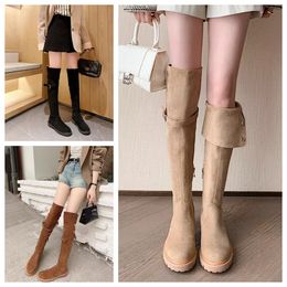 Fashion winter boots womens Knee boots Boot Black khaki Leather Over-knee Boot Party Flat Boots Snow booties Dark brown Thick h