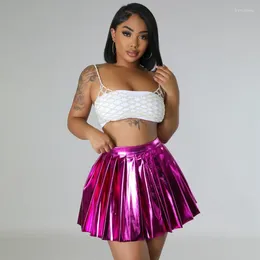 Skirts WUHE Soild Women Bright PU Dancing Pleated Mini Skirt 2024 Summer Fashion Hiphop Streetwear