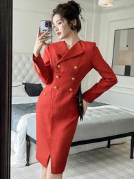 Casual Dresses Spring Autumn Ladies Work Style Formal Pencil Women Clothes Mujer Elegant Office Commute Simple Lapel Slim Dress Vestido