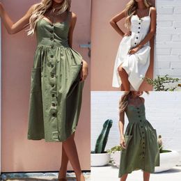 Casual Dresses Women Summer Sexy Buttons Solid Off Shoulder Sleeveless Dress Princess