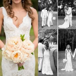 2020 Lace Wedding Dresses Deep V Neck Backless Sleeveless Mermaid Vintage Bridal Gowns Plus Size Bohemian Boho Bride Dress240G