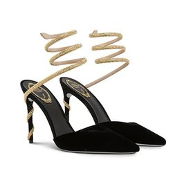 Rene caovilla Margot rhinestone ankle strap velvet sandals Pumps Snake Strass stiletto Heels women's high heeled Luxury Designers Ankle Wraparound Evening shoes