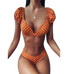 Women Swimsuits Summer Bikini Set Yellow Polka Dot Swimwear For Women Short Sleeve Ruffle Swimming Suit Lady High Waist Swimwear6562753