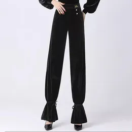 Stage Wear 2024 Black Latin Dance Pants For Women Velvet Leggings Ballroom Trousers Straight Modern Waltz Dancewear Costumes