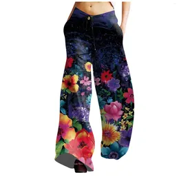 Women's Pants Women Casual Loose Drawstring StretchyWaist Wide Leg Bohemian Style Print Beach Long Fashion Elegant Lady Pant