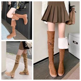 Fashion winter boots womens Knee boots Boot Black khaki Leather Over-knee Boot Party Flat Boots Snow booties Dark brown Thick heeled