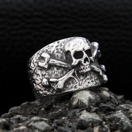 Punk Vintage 14K White Gold Crossbones Pirate Skull Ring For Men Boys Biker Hip Hop High Quality Fashion Jewellery Gift