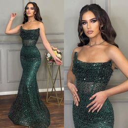 Green Mermaid Dark Evening Elegant Black Girl Illusion Strapless Pearls Sequins Glitter Prom Dress Long Dresses For Special Ocns es