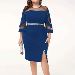 Plus Size Dresses Spring Autumn Fashion Solid Dress Women Sexy Mesh Patchwork Round Neck Slit Wrap Hip Skirt Elegant Slim