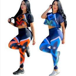 Summer new Women's Tracksuits Designer 2 Piece Sets Letter Print short sleeve t-shirt+pant sexy crop Tops And Casual legging Pants