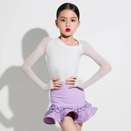 Stage Wear Children Latin Dance Clothes Girls Training Suit Cha Rumba Samba Practise Dress White Tops Purple Skirt DNV19157