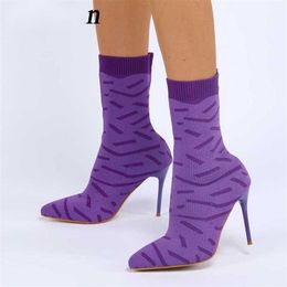 Boots New Spring Autumn knitting Stretch Fabric Women Ankle Boots Sexy Pointed Toe Thin Heels Fashion Female Socks Shoes 221123