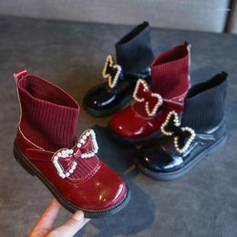 Boots 2024 Short For Girls Knitted Non-slip Fashion Socks Boot Children Leather Shoes Pearl Bow Soft Sole Black Wine Red