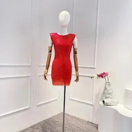 Casual Dresses 2024 Summer Sleeveless High Quality Sheath Solid Red Diamonds Sexy Style Women Party Mini Dress