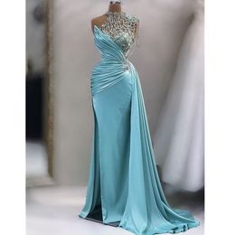 One Blue Shoulder Prom Dresses with Split Beadings Satin Bead Mermaid Evening Party Gowns Sweep Train Vestidos De Fiesta YD