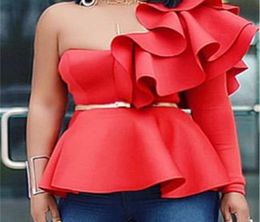 Women Blouse Tops Shirts One Shoulder Sexy Peplum Ruffles Slim Party Wear Summer Fashion Elegant Ladies White Red Bluas 2105139984331
