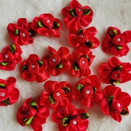 Decorative Flowers 30pcs Red Satin Ribbon Flower Bows Pearl Rose Artificial Appliques Fabric Wedding Sewing Craft Handmade DIY Gift Box