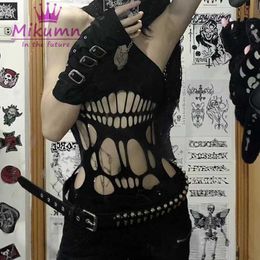 Women's Blouses Shirts Punk Rock Sexy Cut Out Sleeveless Camis Tank Top Y2k Harajuku Gothic Women Elastic Suspenders Mesh Camisole Chic Streetwear YQ240120