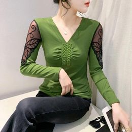 Women's T Shirts 2024 Spring Fall Korean Clothes T-Shirt Chic Sexy Patchwork Beading Women Tops Long Sleeve Butterfly Embroidery Tees 41100