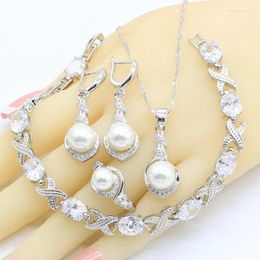 Necklace Earrings Set White Pearl Women Silver Color Zircon Bracelet Rings Pendant