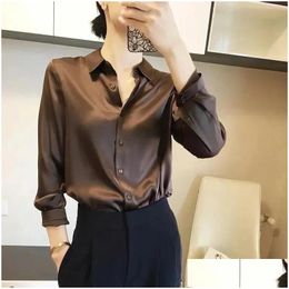 Womens Blouses Shirts Brand Quality Luxury Women Shirt Elegant Office Button Up Long Sleeve Momi Silk Crepe Satin Business Ladies Top Dh1Lq