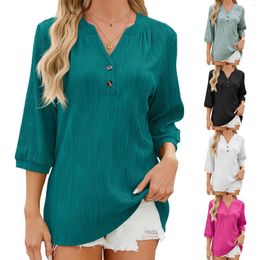 Women's T Shirts Solid Colour V Neck Loose Buttoned Mid Sleeve Shirt Fashionable Casual Womens Tech Layering Tee Long