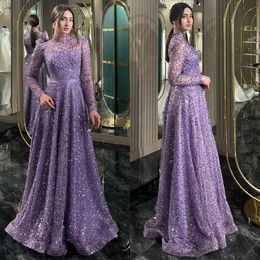 Gorgeous Grape Designer Evening Elegant A Line High Neck Long Sleeves Prom Dress Sequins Beading Illusion Glitter Long Dresses For Special Ocns