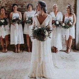 2020 New Rustic Beach Wedding Dresses Bridal Gowns Bohemian Wedding Dresses Hippies V Neck Long Sleeve Lace low back Beach Boho Ga280b