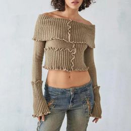 Women's Sweaters Off-Shoulder Cropped Tops Solid Colour Ribbed Pullovers Boat Neck Long Sleeve Lettuce Edge Trims Knitwear Y2k