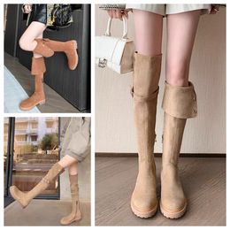 Fashion winter boots womens Knee boots Tall Boot Black khaki Leather Over-knee Boot Party Flat Boots Snow booties Dark brown Lambh Thick heeled