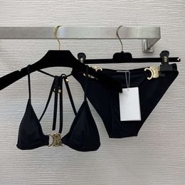 Sexy Bikini Designer Swimwear Women Three-pointed Metal Fittings Tie String Neckline Bikini Split Swimsuit