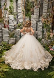 Girl Dresses Champagne Flower Dress For Wedding Ivory Lace Tulle Puffy Appliques Birthday Ball Gowns Princess First Communion